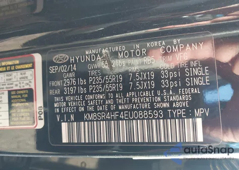 2014 Hyundai Santa Fe Gls z USA, uszkodzony, nr VIN KM8SR4HF4EU088593